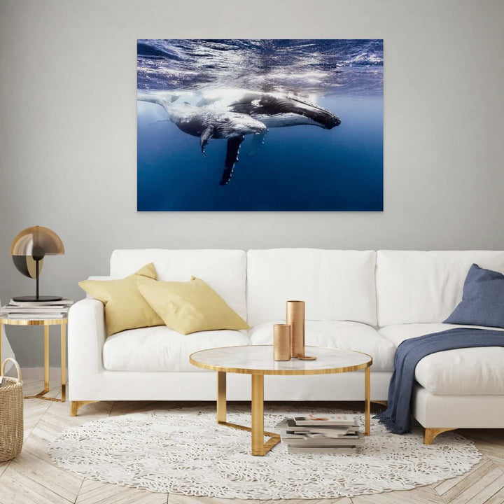 Humpback whale mother and calf swimming underwater canvas artwork
