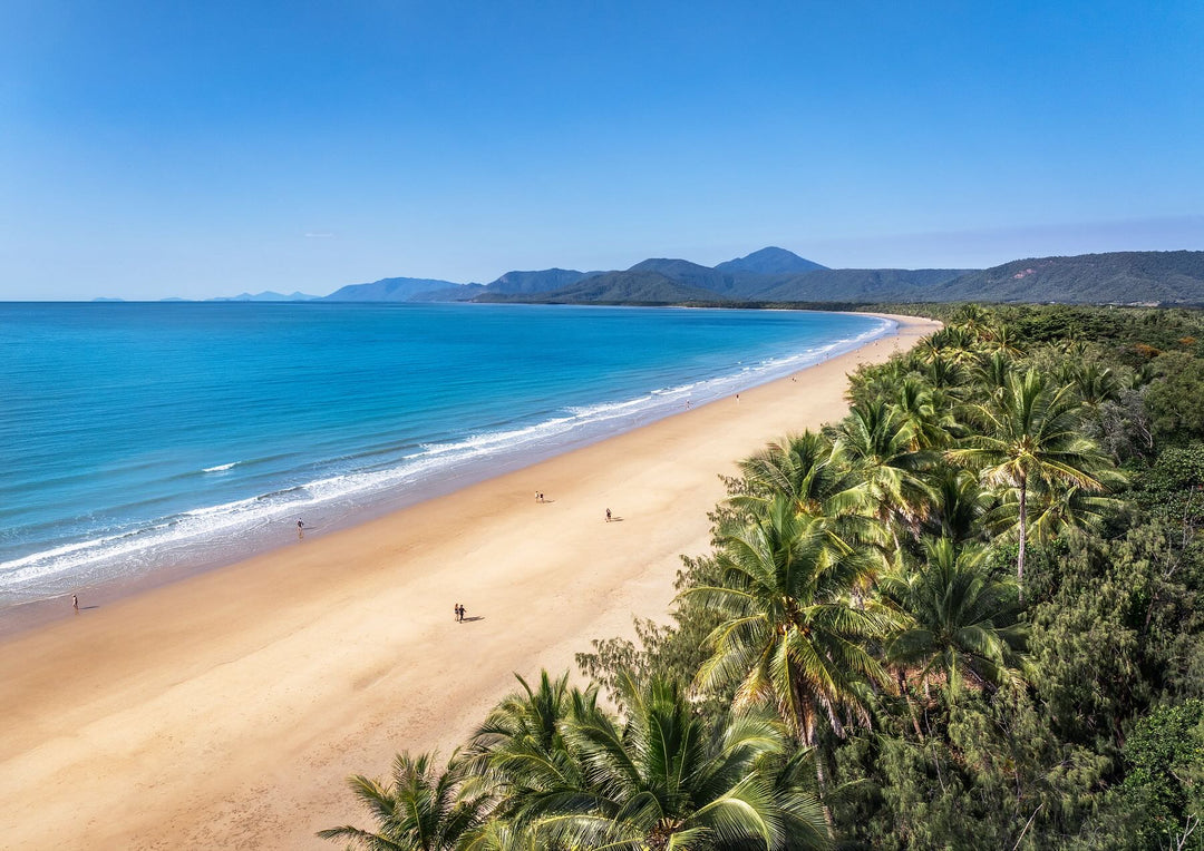 Walking the Miles aerial view of Four Mile Beach, with golden sands and turquoise waters under a bright blue sky – coastal landscape print.